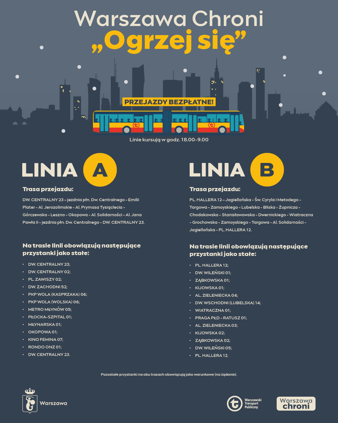 Autobus grzewczy Warszawa linia Ogrzej się pomoc podczas mrozów