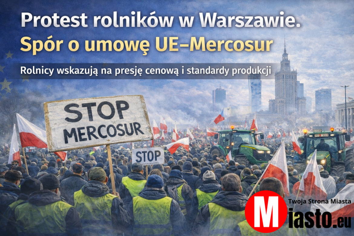 Protest rolników w Warszawie przeciw umowie UE–Mercosur – tłum z polskimi flagami i ciągnikami w centrum miasta.