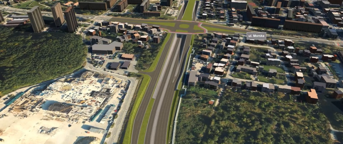 Wizualizacja Drogi Czerwonej w Gdyni - dwujezdniowa trasa przy ul. Morskiej na renderingu 3D