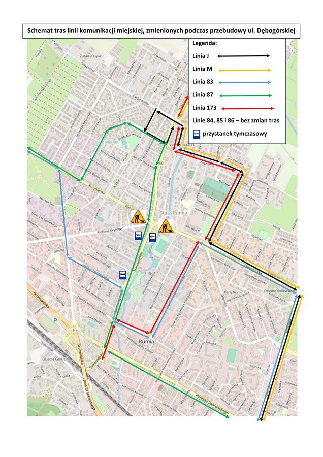 Schemat zmienionych tras autobusów miejskich podczas przebudowy ulicy Dębogórskiej w Rumi