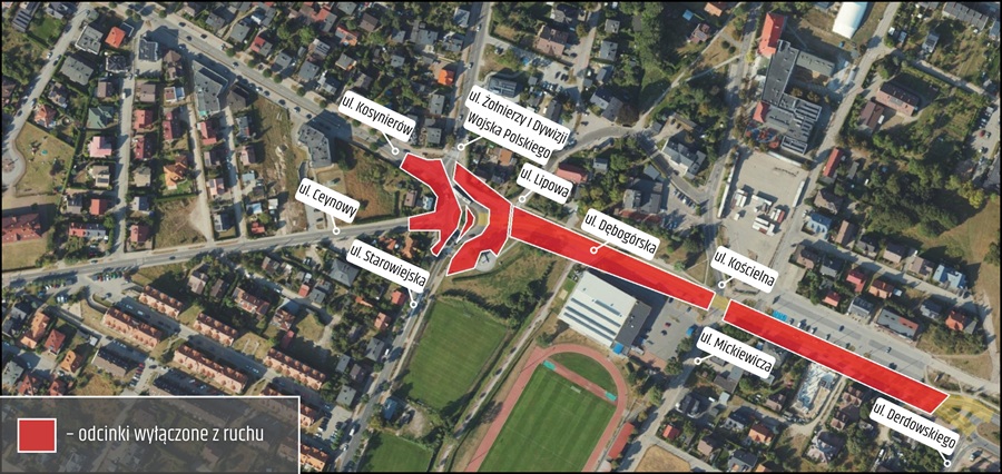 Mapa odcinków wyłączonych z ruchu podczas przebudowy ronda Jana Pawła II w Rumi
